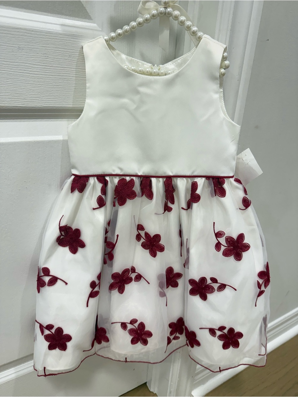 American Princess White and Burgundy Floral Tulle Dress for Girls NWT